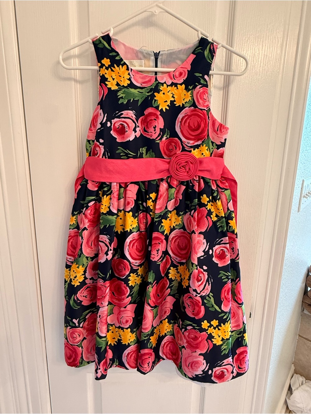 American Princess Navy Floral Party Dress with Pink Sash